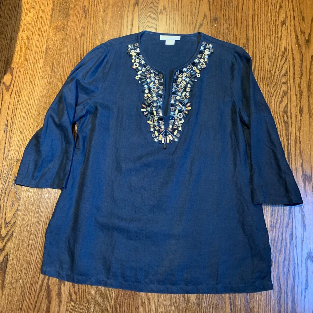 Like new! Michael Kors Navy Linen Beaded Tunic Top